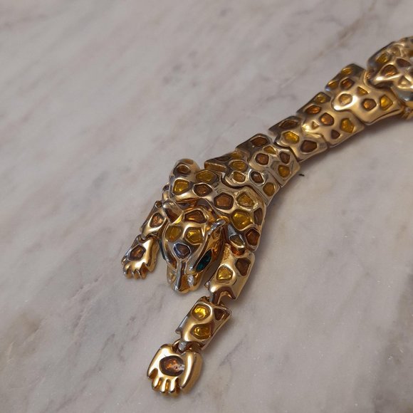 Vintage Articulated Over The Shoulder Leopard Brooch Gold Tone With Amber Stones - Picture 5 of 15